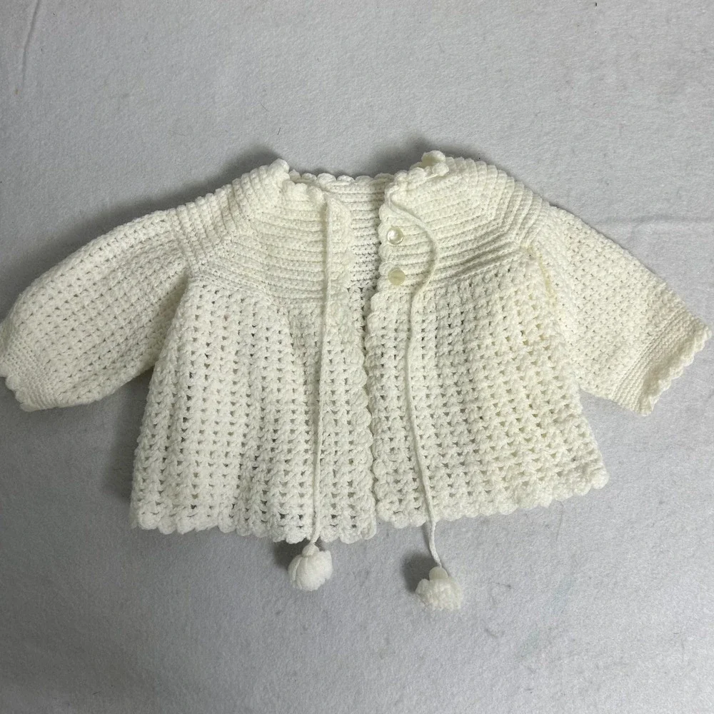 Handmade Kids Baby‎ Cream White Crochet Pom Pom Button Cardigan Sweater
